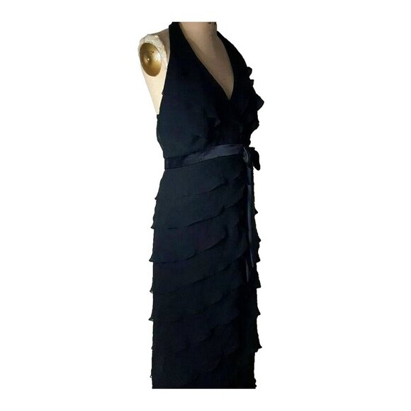 TADASHI Shoji vintage silk maxi black tiered ruffle halter cocktail dress gown - Picture 10 of 12